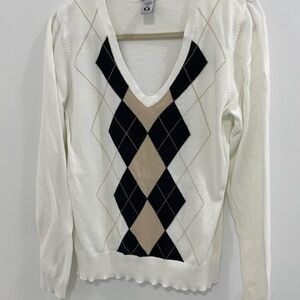 Izod Women's V-Neck Golf Sweater - White, Black, Tan Argyle
